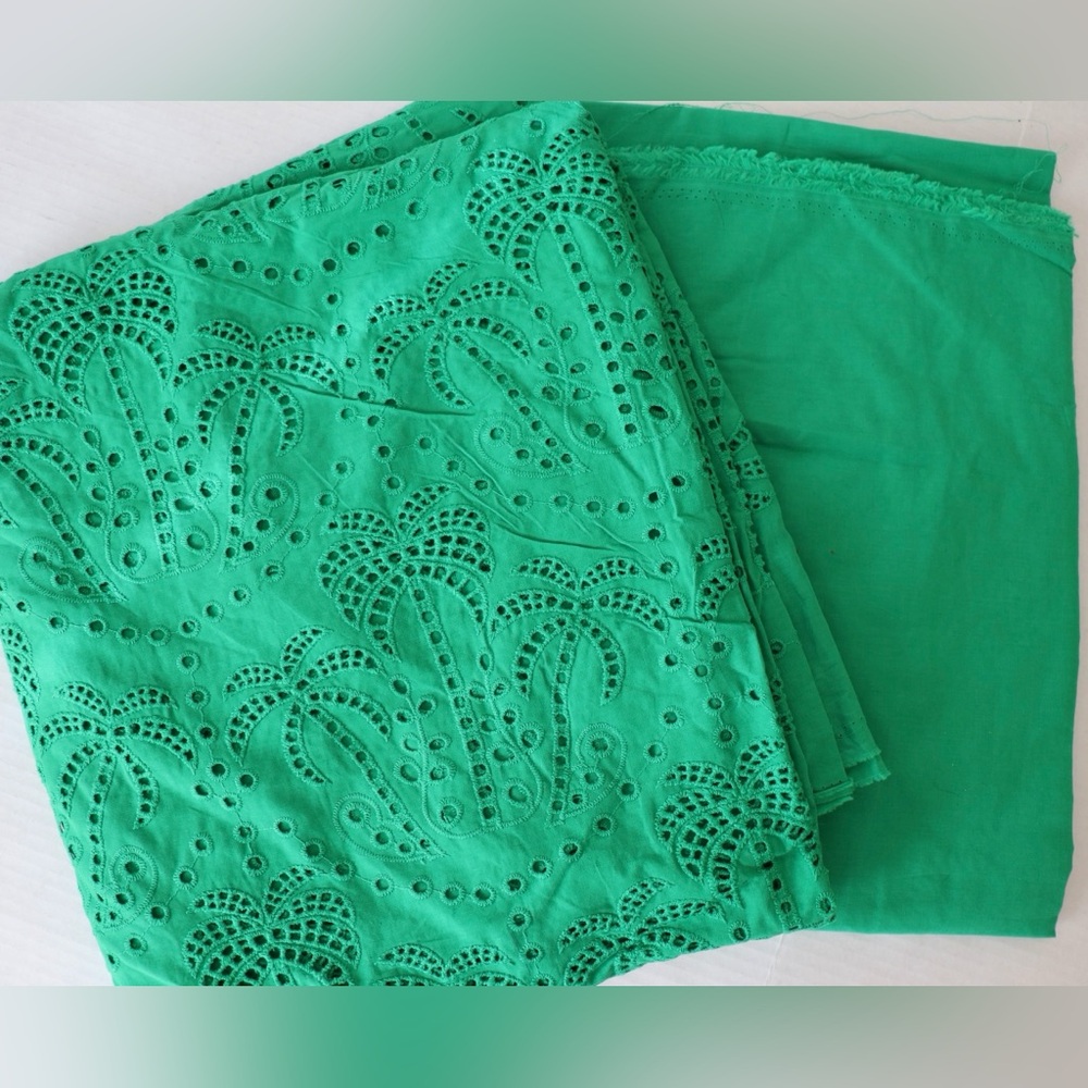 Emerald green palm tree cotton broderie anglaise + matching cotton lawn fabrics